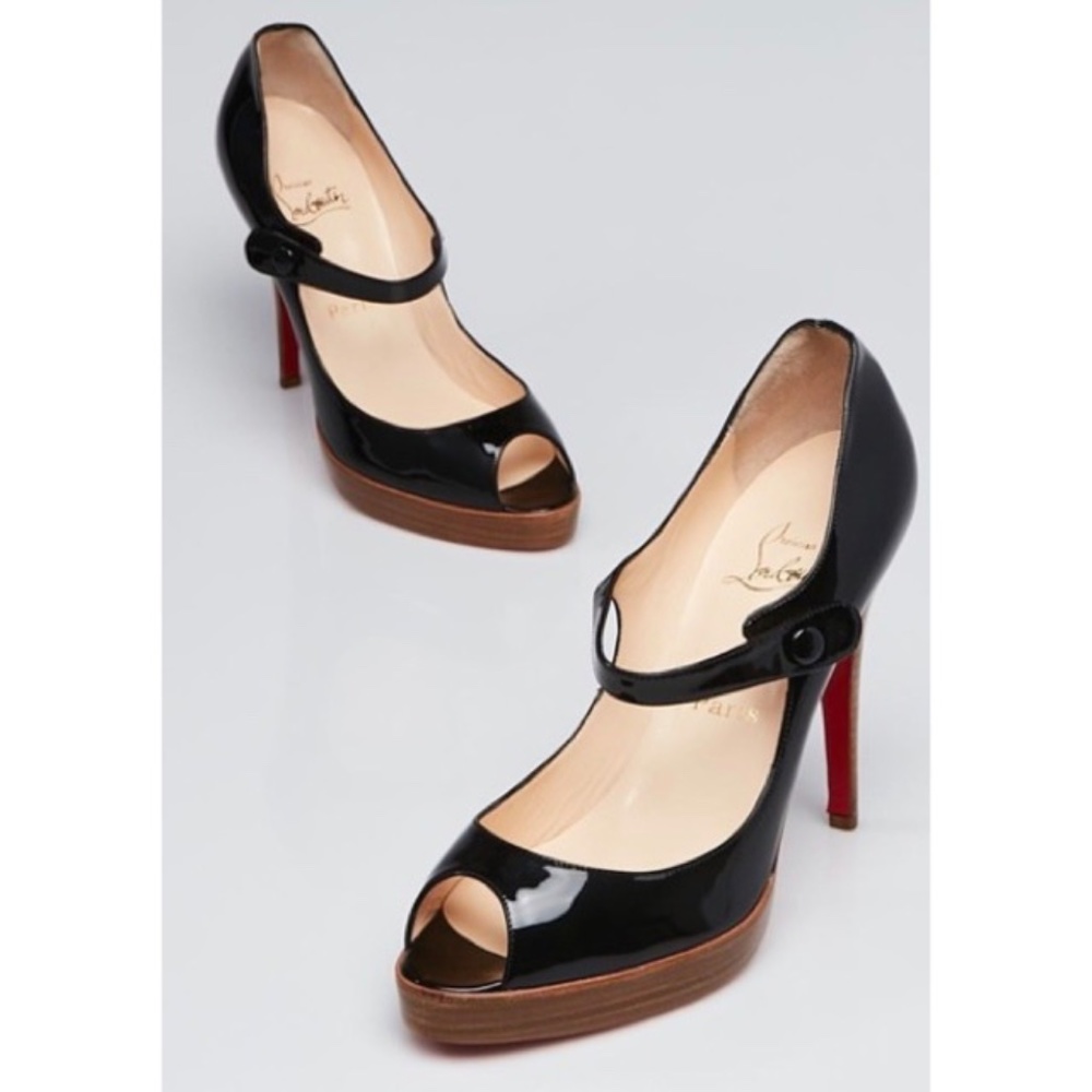 Christian Louboutin IOWA ZEPPA Patent Black Mary Jane Pumps w/ Open Peep Toe